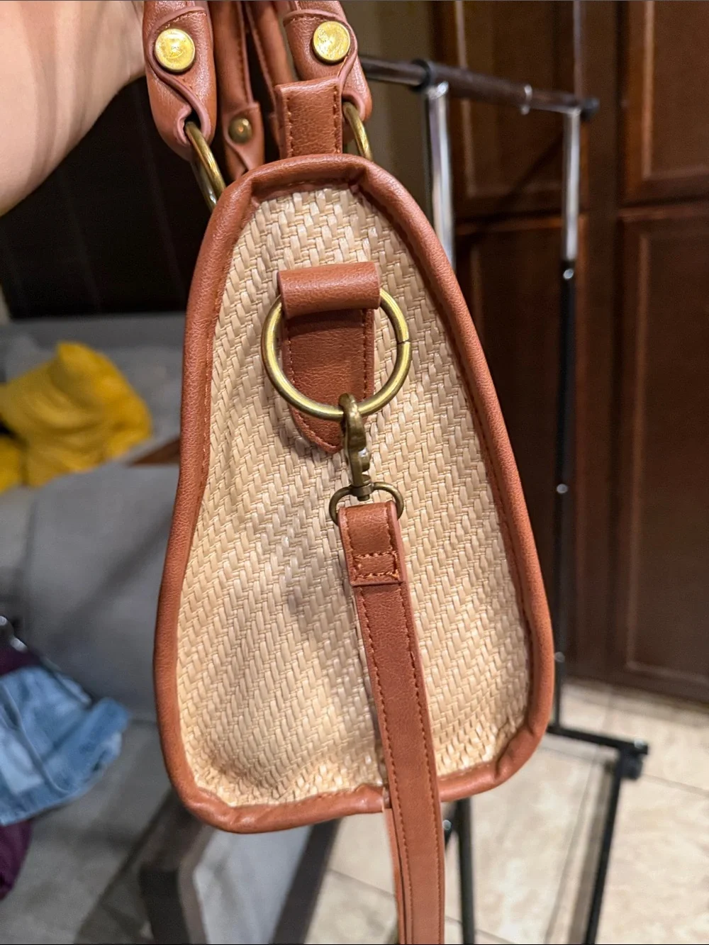 FRYE AND CO. Natural Woven Satchel with Tan Trim